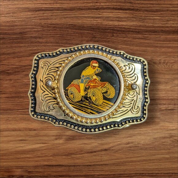 ATV Rider Vintage Metal Belt Buckle Gold & Black Finish Made In USA Western Styl - Picture 1 of 8